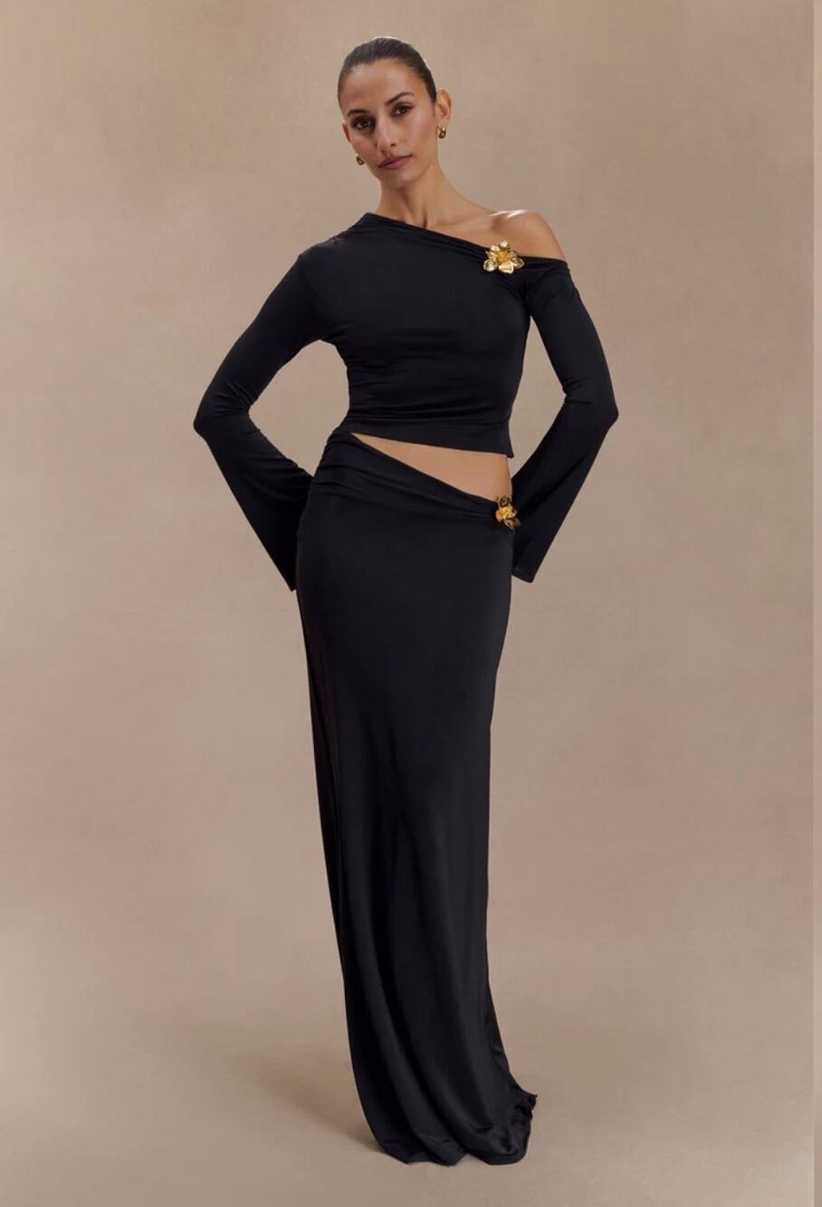 Meshki Ainsley Asymmetrical Maxi Skirt With Floral Hardware - Black